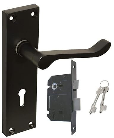 HANDLESTORE Victorian Scroll Locking Lever Door Handle on Backplate – Matt Black Interior Handles with 2.5 Mortice Sash Lock & Screws (Pair)
