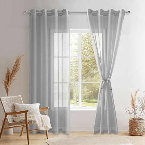 DWCN Lot de 2 Rideaux Voilages à Oeillets pour Fenêtre, Rideau Transparents avec Embrasses pour Salon Chambre d'enfant, Gris, 140x215cm (Largeur x Hauteur)
