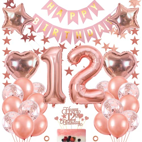 Jxuzh 12. Geburtstag Deko für Mädchen - Luftballon & Rosegold Happy Birthday Dekoration, 33pcs