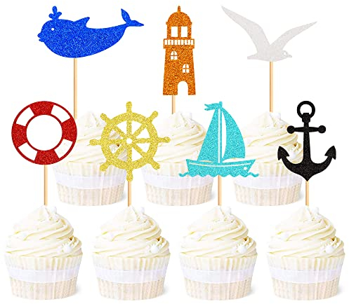 Blumomon 28Pcs Nautical Cupcake Toppers Sailing Theme Dolphin Beacon Seabird Cake Topper Decorations Ship Nautical Sailing Anchor Cupcake Picks for Ocean Theme Birthday Party Baby Shower Supplies
