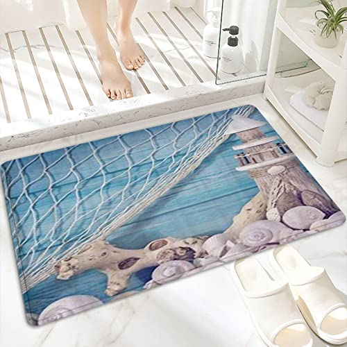 Badematte, rutschfest Waschbar Badezimmerteppich 60x100 cm,Schnecken Nautische Leuchtturm Muschel,,Badvorleger mit Wasserabsorbierenden, Weichen Mikrofasern für Badewanne, Dusche und Badezimmer