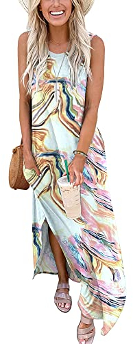 AUSELILY Sommerkleider Damen Lang Maxikleider Boho Strandkleider Lange Sommer Leicht mit Taschen Bunte Linien M