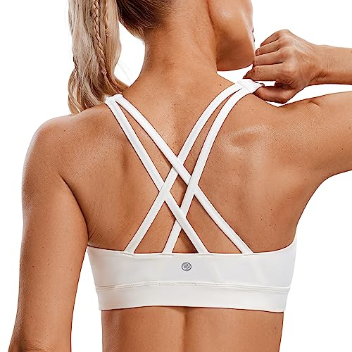 CRZ YOGA Damen Ohne Bügel Sport BH Gekreuzt Rücken Spaghetti Top Abnehmbare Pads Yoga Croptop Weiße Aprikose S