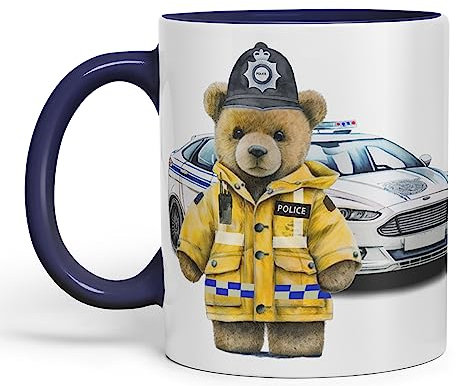 Vixar Teddy Bear Policeman Police Themed Ceramic Mug Coloured Mug Cup Gift Birthday Work Office Tea Coffee (Navy)
