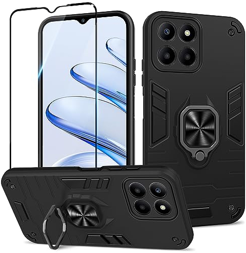 Btstring Coque pour Honor 70 Lite 5G/Honor X6/X8 5G avec Verre Trempé, Etui de Protection Antichoc de Qualité Militaire, Housse avec Anneau Support Métallique, Support de Voiture Compatible, Noir