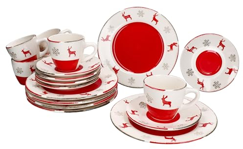 MamboCat Rentier Unik 18tlg Kaffeeservice I Steingut-Kaffeeset für 6 Personen mit Hirsch & Schneeflocken in Rot & Grau I Je 6X Kaffeetasse, Untertasse & Kuchenteller für Weihnachten & Nikolaus