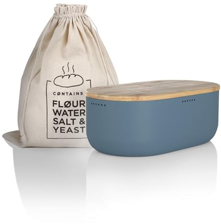 LARS NYSØM Bread Box I Metal bread box with linen bag for long lasting freshness I Baked goods Bin with bamboo lid usable as cutting board I 14.2x7.5x5.1 In (Stone Blue)