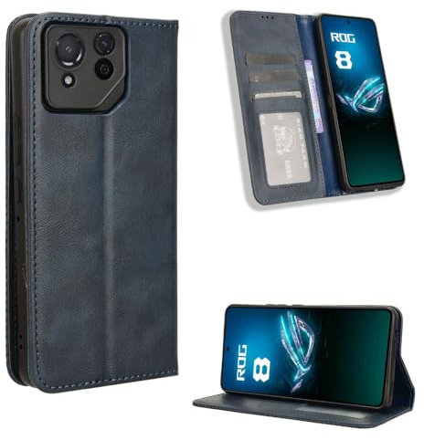 COMAKU Cover Asus ROG Phone 8 Pro, Custodia a Portafoglio Pelle con Supporto e Chiusura Magnetica - Blu