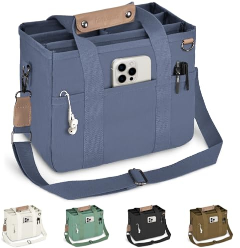 HOMESOPN Canvas Tote Bag for Women Handbag with Compartments and Multi-Pocket for Work School and Travel(Blue)