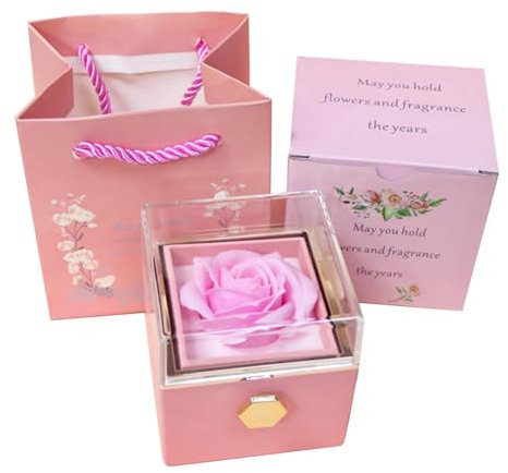RIYAN Boîte à bijoux en velours avec rose éternelle - Rotation à 360° - Pour la Saint-Valentin, la fête des mères - Cadeau romantique - Rose