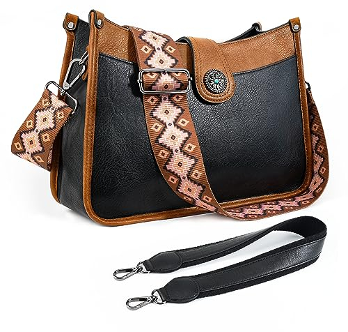 APHISON Umhängetasche Damen Handtasche Mittelgroß braun schwarz Crossbody Bag mit Breiter Gurt Hobo Bag Schultertasche veganem Leder Tasche 2 Schulterriemen Kartenschlitz Reisetasche