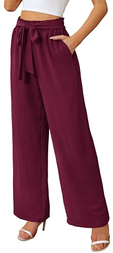 Actcat Damen Hose mit weitem Bein, leicht und elegant, elastischer Bund, Sommerhose mit Taschen, für legere Arbeit geeignet Sommer Hosen Frauen Damenhose mit Gummizug,Weinrot,M