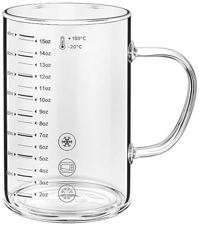 Bicchiere graduato in vetro borosilicato, per anziani, principianti, perdita di peso, in vetro trasparente, con misure per acqua, latte, succhi di frutta, frappè, caffè (450 ml)