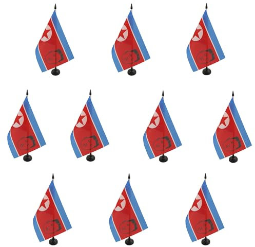 AZ FLAG 10 Stück Tischflagge Nordkorea mit Kim Jong-un 21 x 14 cm – 10 kleine Nordkoreanische Büroflaggen, 100% Polyester, mit Fahnenstange von 25 cm und Sockel aus schwarzem Kunststoff