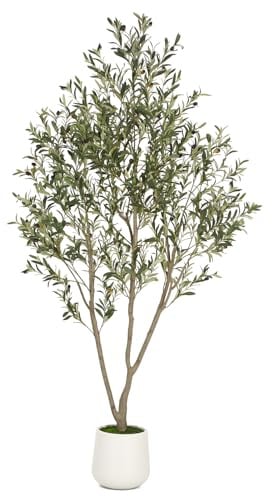 VIVATREES Olive Trees Artificial Indoor, 7FT Tall Faux Olive Tree with White Tall Planter, Artificial Plants with Natural Wood Trunk and Lifelike Fruits for Home Office Decor