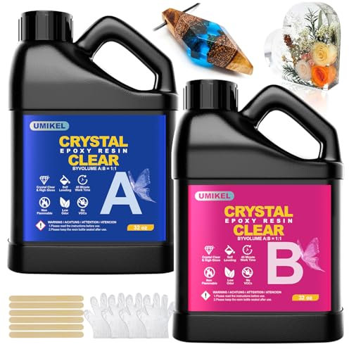 Epoxy Resin Kit 64oz/1896ml - Crystal Clear Resin and Hardener Resin Epoxy kit,No Yellowing, No Bubbles Casting with Mixing Sticks and Cups, Best for DIY, Crafts, Beginners, Easy Mix 1:1 Ratio (64oz)