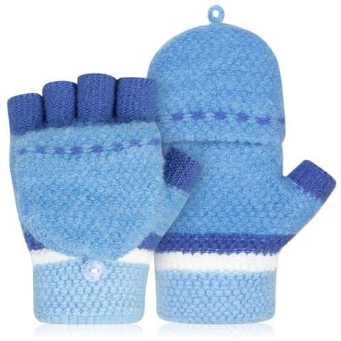 Kiiwah Fingerhandschuhe Kinder mit Kappe, Winter Handschuhe Fingerlose für Mädchen Jungen 5-10 Jahren, Warme Kinderhandschuhe Stricken