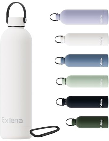 Exllena Borraccia Termica 750 ml con Maniglia e Moschettone - Bottiglia Termica 750ml Mantenere Calore/Freddo - Senza BPA - 100% A Tenuta Stagna per Escursioni, Campeggio, Viaggi...(Bianco)