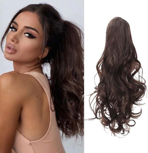 RPAEOY Clip in Extensions Echthaar 45 cm Gewellt Pferdeschwanz Haarteil Lange Zopf Haarextension Natürliches Ponytail Kunsthaar Haarzopf Perücke für Frauen und Mädchen (Dunkelbraun)