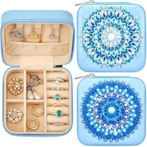 Hinly 2 Pcs Portable Diamond Painting Jewelry Storage Box Mandala Diamond Art Accessories Blue PU Leather Jewelry Ring Organizer Case Travel Jewelry Organizer