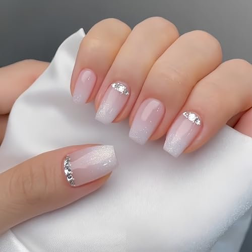 Ombre Pink French False Nails Medium Coffin, SXVME French Press on Nails Medium Short Ballerina Fake Nails Sequins Rhinestones Full Cover Acrylic Nails Press ons Stick on Nails for Women Nail Art