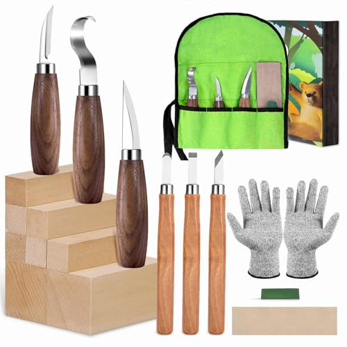 Wood Whittling Kit for Beginners and Adults,Wood Carving kit Set with 8PCS Basswood Carving Blocks,Wood Carving Tools Gift Include 6PCS Whittling Tools,Gloves,Roll Bag,Sharpener for Widdling Kit