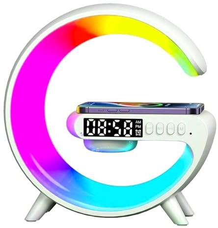 WY8 Smart Atmosphere Lamp - LED Night Light Bluetooth Speaker Wireless Charger RGB Alarm Clock, Multi-Functional G-Shape Table Lamp for Home Office, Bedroom, Gifts