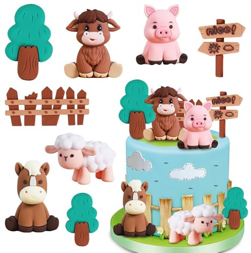 Farm Animal Cake Toppers Set - 8PCS Farm Cake Toppers (Sheep, Cow, Pig, Horse, Trees & Fence) for Baby Shower, Birthday Party & Farm Theme Celebrations