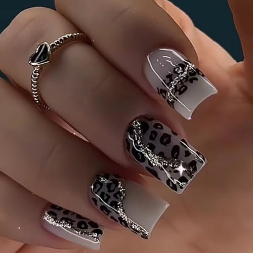 Ceboic 24Pcs Carré Faux Ongles Autocollants, Gris Clair Léopard Français Ongles à Coller Naturel Glossy Press on Nails, Brillant Réutilisables Acrylique Ongles pour Femmes Décoration Manucure