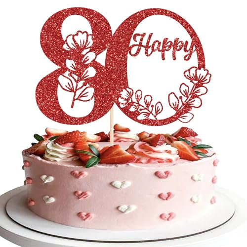 Xsstarmi 1 Pack Happy 80th Birthday Cake Topper Red Glitter 80 Cake Pick Cheers to 80 Birthday Cake Decorations for Happy 80th Anniversary Party Cake Decoration Supplies