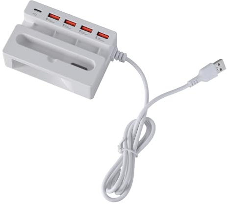 Hub de carga USB de 5 puertos con soporte para teléfono y amplificador para la escuela en casa y conveniencia para el escritorio de viaje estación de carga USB