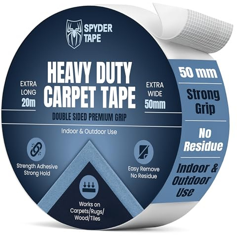 Carpet Tape 50mm x 20m – Heavy Duty Double Sided Rug Tape for Hardwood Floors, Laminate, Vinyl & Tile – Strong Anti-Slip Adhesive for Rugs, Runners, Mats, Carpet Tiles & Stair Treads – No Residue