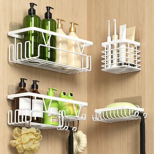 KEGII 4 Piece Shower Caddy with Toothbrush Holder & Soap Holder, White | Self Adhesive Bathroom Caddy, Shower Shelf, Stainless Steel, No Drilling