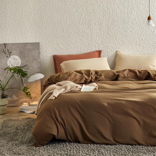 Covebett Doppelte Musselin Bettwäsche 135x200 Braun Uni 100% Baumwolle Bettbezug Set 2 Teilig Aesthetic Weiche Atmungsaktiv Bettwäsche-Sets mit Reißverschluss und 1 Kissenbezüge 80x80 cm