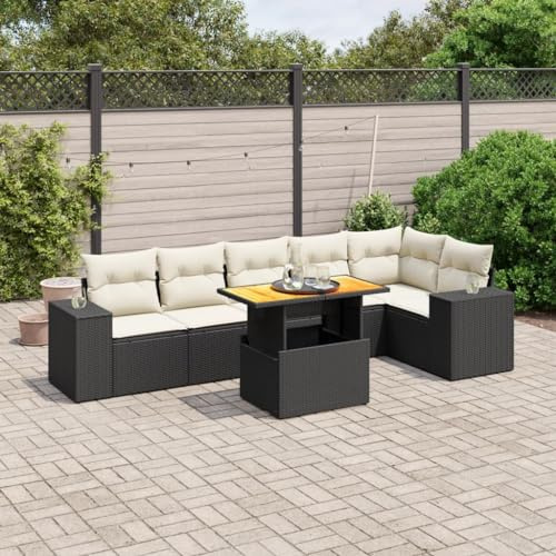 QJBSAVVA 7-TLG. Schwarz Poly-Rattan Gartenmöbel-Set, Holztisch 100x55x44/73 cm, UV-beständig, Balkon- & Terrassengruppe