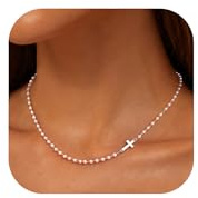 Tewiky Perlen Kreuz Halskette Damen, 14K vergoldete Paperclip Kette | Perlen-Kreuz Halskette mit Paperclip-Gliedern, Zart & Wasserfest, Idealer Alltagsgoldschmuck, Geschenk für Frauen & Mädchen