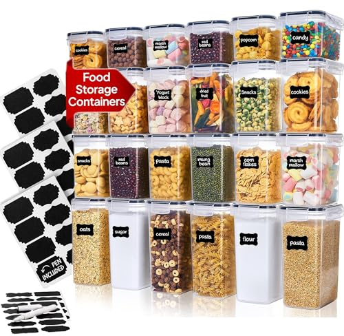 Panzy Home 24 Pack Food Storage Containers with Airtight Lids, BPA Free Airtight Cereal Storage Containers for Dry Food, Pasta, Flour & Sugar, with Labels & Marker