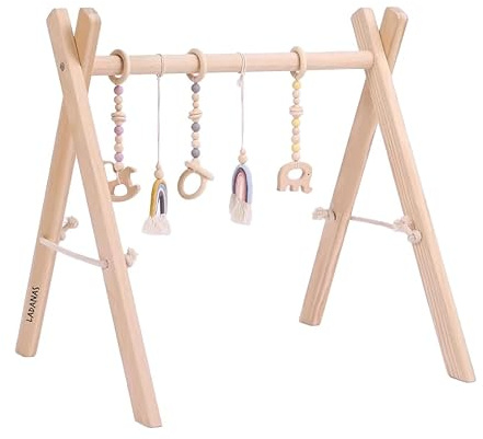 Ladanas Spielbogen Baby aus Holz inkl. 5 Spielzeugen – Stabiler & Klappbares Spieltrapez
