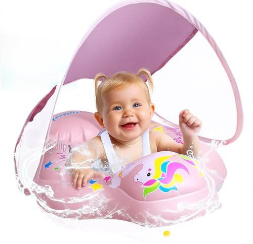 Bouée Bébé Piscine avec Pare-Soleil Amovible Anti UV UPF 50+ | Siège Gonflable Ajustable 3-12 Mois | Structure Anti-Renversement, Normes CE EN71 | Gonflage Pompe Incluse - ALLY Kids