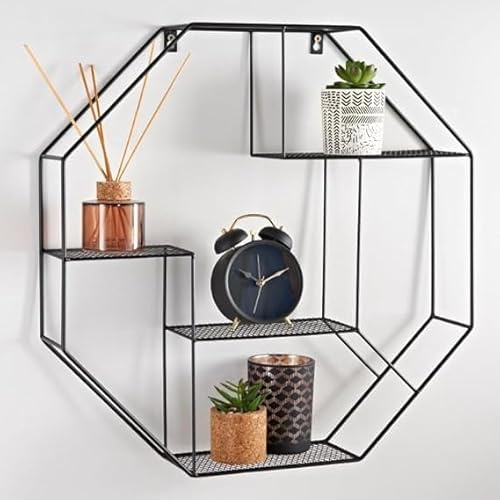 rightclick Black Metal Wall Shelf for Geometric Octagon Design, Wire Mesh Shelves, Decorative Wall Shelfs, Metal Wire Hexagonal Shelf Unit, Hanging Floating Shelves for Living Room & Bedroom.