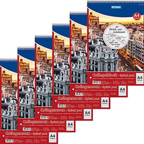Stylex 43875-P6 DIN A4 Links-und Rechtshänd-Er Spiral-Collegeblock 6-er Packung, Liniert