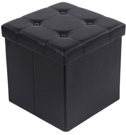 SONGMICS Sitzhocker 38 cm, Aufbewahrungsbox faltbar, Fußhocker mit Deckel, aus Kunstleder, bis 300 kg belastbar, für Eingang, Wohnzimmer, Schlafzimmer, tintenschwarz LSF30B