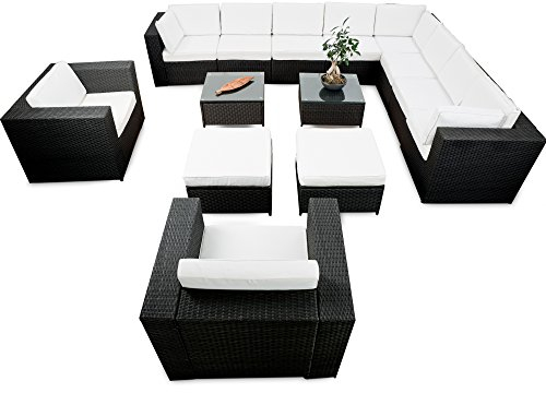 XINRO erweiterbares 41tlg. XXXL Lounge Set Polyrattan - schwarz - Sitzgruppe Garnitur Gartenmöbel Lounge Möbel Set - inkl. Lounge Ecke + Sessel + Hocker + Tisch + Kissen