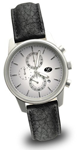 Pierre L'Ecram Chronograph mit Datumsanzeige - silberfarbenes Zifferblatt - genähtes Lederarmband, schwarz