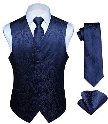 HISDERN Herren FLoral Hochzeit Weste Krawatte Einstecktuch Taschentuch Jacquard Weste Anzug Set