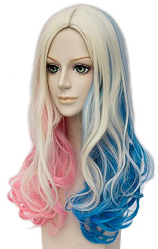 Perücke Kostüm Halloween Party Zubehör Spiel der Throne Donald Trump Harley Quinn Schwarz Blonde Sil (Rosa u. Blauer Karikatur-Held)