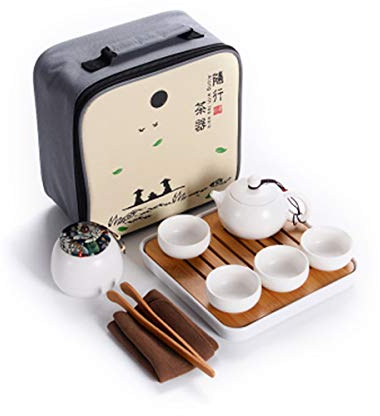 Hoobar Kungfu Service à thé portable en céramique avec théière, tasses à thé, boîte à thé, plateau à thé et sac de voyage, convient pour les voyages, la maison, l'extérieur et le bureau blanc