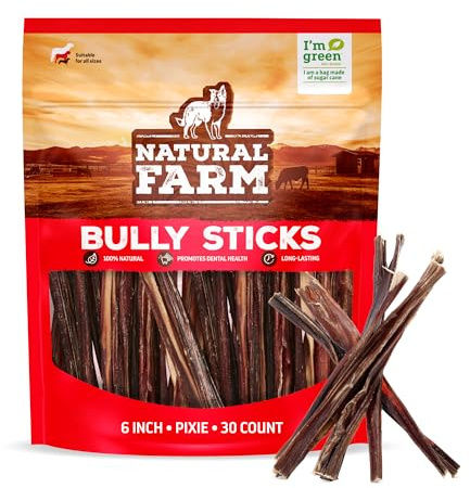 Natural Farm Bully Sticks (6 Inch, 30 Pack), Thin Pizzle Pixie Beef Treats, Grain-Free, High Protein, Best Rawhide Alternative for Small, Puppies or Senior Dogs