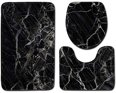 navigatee Lot de 3 Tapis de Bain en marbre Noir antidérapant en Flanelle à mémoire de Forme Respirante pour siège de Toilette