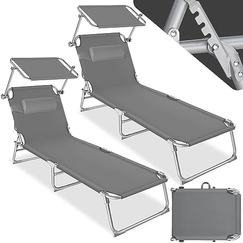 tectake® Set de 2 Chaise Longue Pliante Bain de Soleil Jardin Exterieur avec Pare Soleil & Appuie-tête Chaise Longue inclinable Transat de Plage Relax Jardin Camping Salon de Jardin Exterieur - Gris